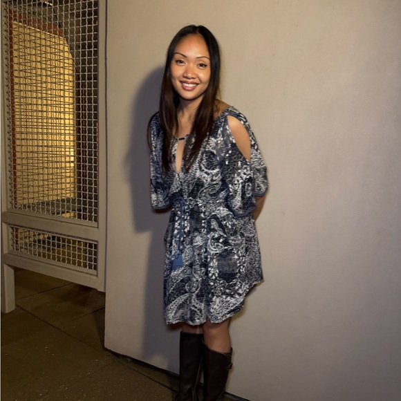 Free People Midnight Blue, White & Gray Patterned Mini Dress w Waist Tie - Small - Picture 5 of 16